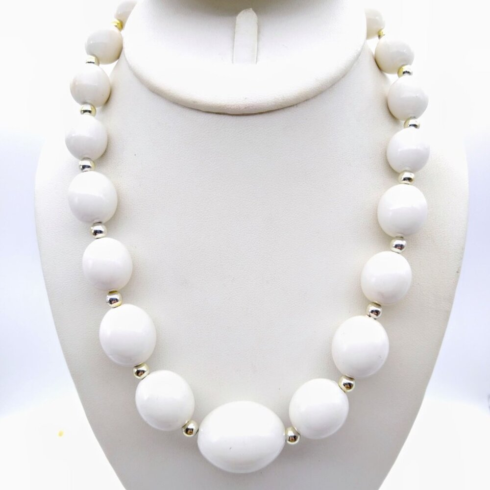 Vintage White Lucite Beaded Necklace with Silver Tone Spacers for a Classic